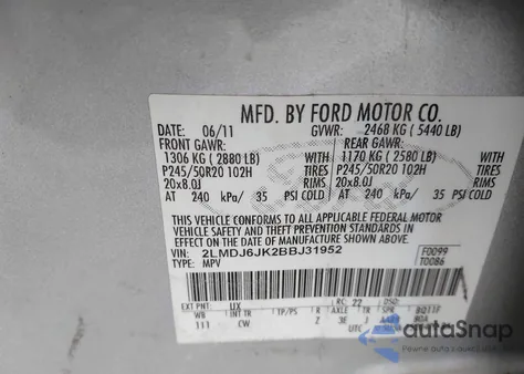 2011 Lincoln Mkx z USA, uszkodzony, nr VIN 2LMDJ6JK2BBJ31952